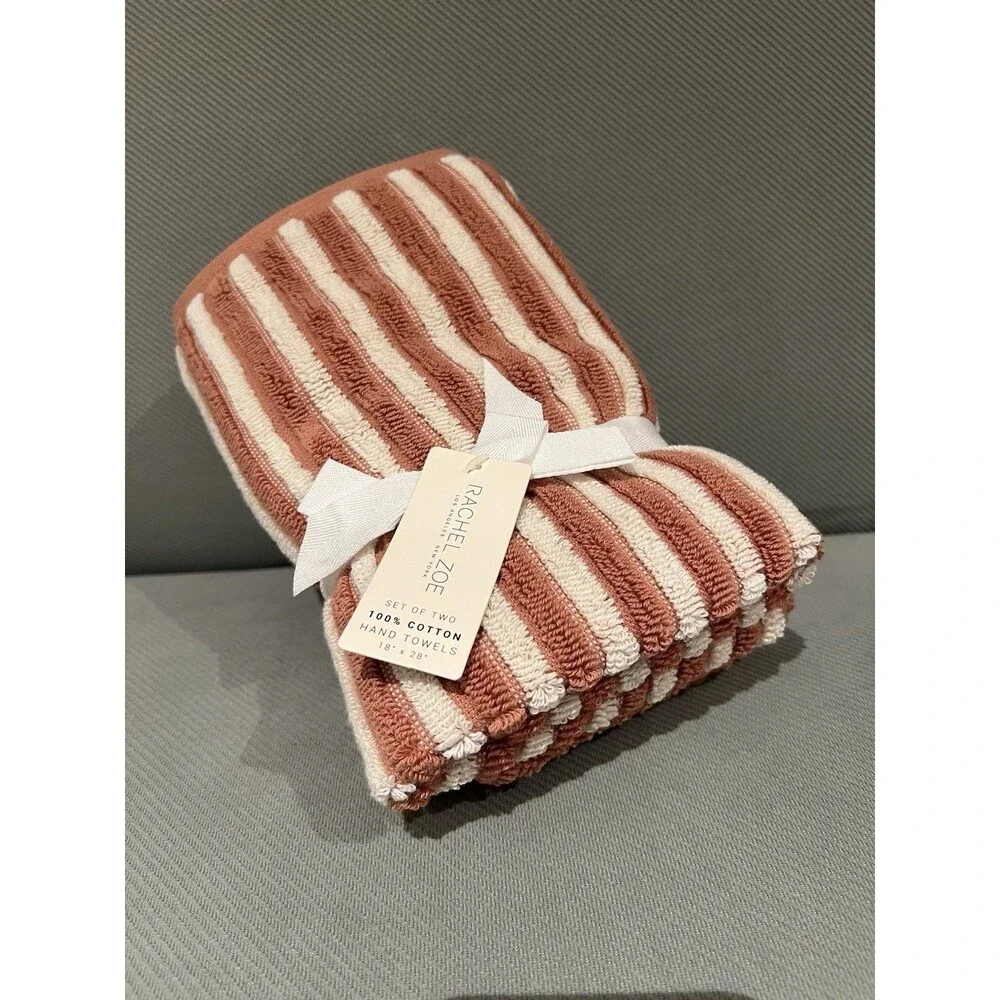 Rachel Zoe Hand Towels 2 Piece Stripe & Solid Cotton New